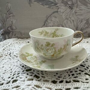 Haviland Green and Pink Floral Tea Cup and Saucer